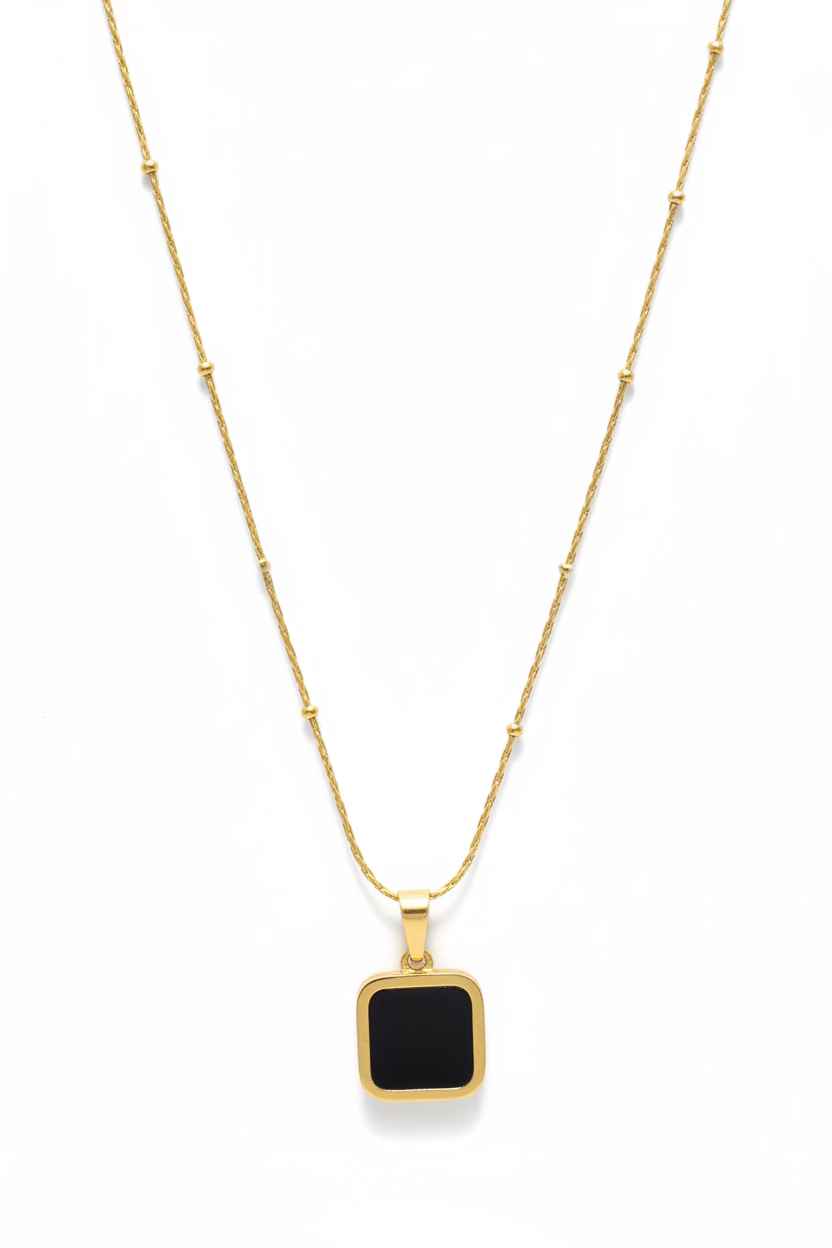 Gold Beaded Chain Necklace | Anti-Tarnish Black Square Pendant