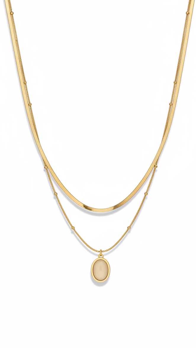 Layered Pendant Necklace | Dainty Beaded & Herringbone Chain Jewelry | Anti-Tarnish Stainless Steel