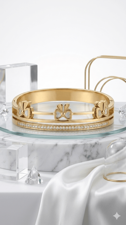 Anti- Tarnished Gold Clover Bangle Bracelet with Pavé Accents | Women's Luxury Jewelry - rykardia