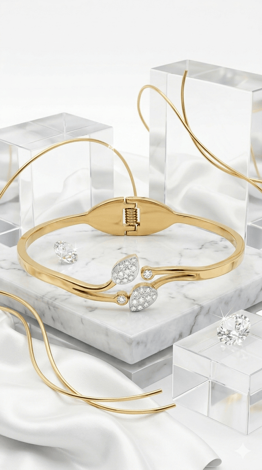 Anti- Tarnished Gold Plated Stainless Steel Leaf Bypass Bangle | Elegant Crystal Cuff - rykardia