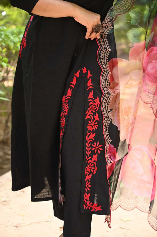 Floral Noir: Embroidered A - Line Suit Set with Organza Dupatta - rykardia