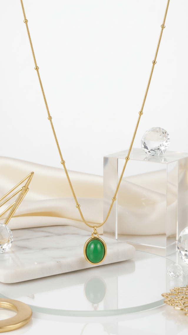 Gold Beaded Chain Necklace | Anti-Tarnish Oval Green Stone Jewelry - rykardia