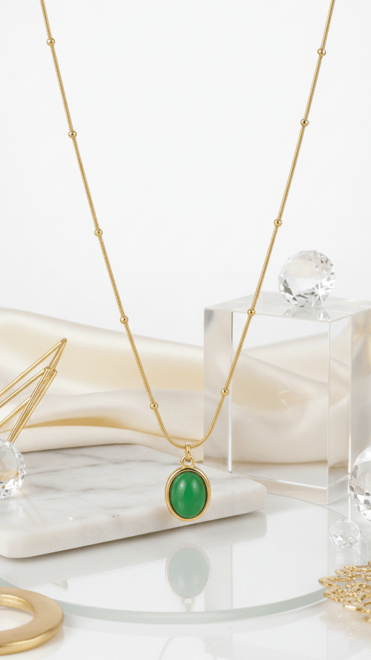 Gold Beaded Chain Necklace | Anti-Tarnish Oval Green Stone Jewelry - rykardia