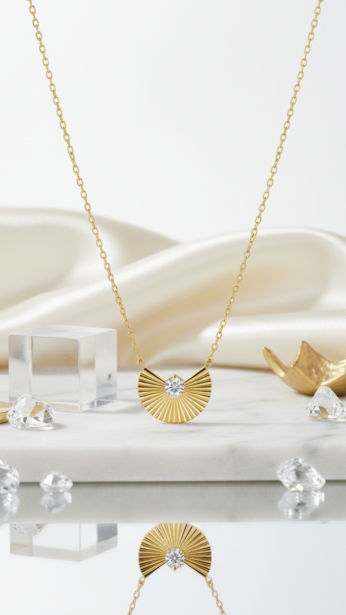 Gold Fan Pendant Necklace | Anti-Tarnish Crystal Minimalist Jewelry - rykardia