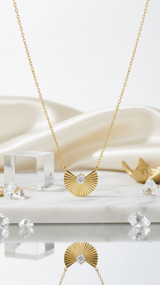 Gold Fan Pendant Necklace | Anti-Tarnish Crystal Minimalist Jewelry - rykardia