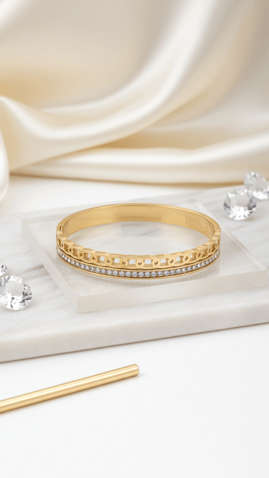 Gold-Plated Filigree Hinged Bangle | Stainless Steel Crystal Bracelet - rykardia