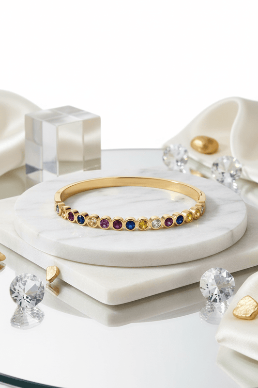 Gold-Plated Stainless Steel Multi-Color Bezel Set Stone Bangle - rykardia