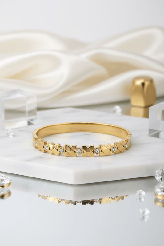 Gold-Plated Stainless Steel X-Link Crystal Bangle Bracelet - rykardia