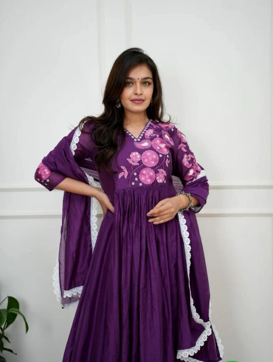 Premium Purple Hand - Embroidered Cotton Anarkali Set - rykardia