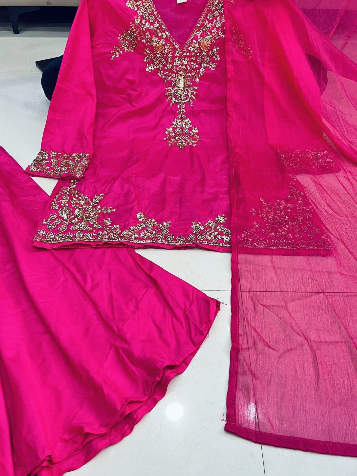 Royal Handwork Mul Chanderi Kurta & Plazzo Set with Chiffon Dupatta - rykardia