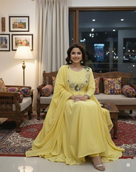 Sun - Kissed Yellow Embroidered Anarkali Set - 3 - Piece Festive Collection - rykardia