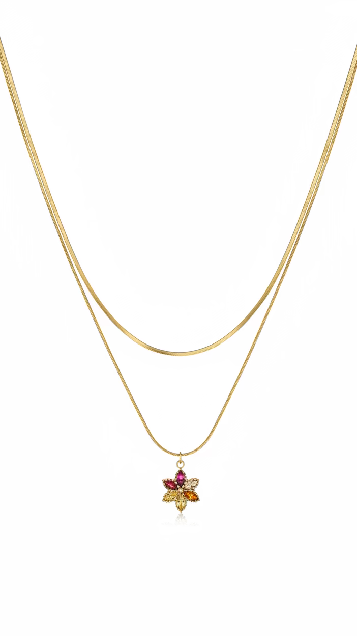 Anti-Tarnish Double-Layer Flower Pendant Necklace | Minimalist Multi-Stone Charm Jewelry