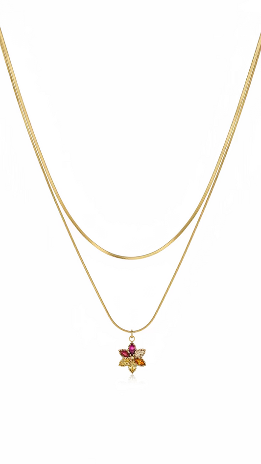 Anti-Tarnish Double-Layer Flower Pendant Necklace | Minimalist Multi-Stone Charm Jewelry