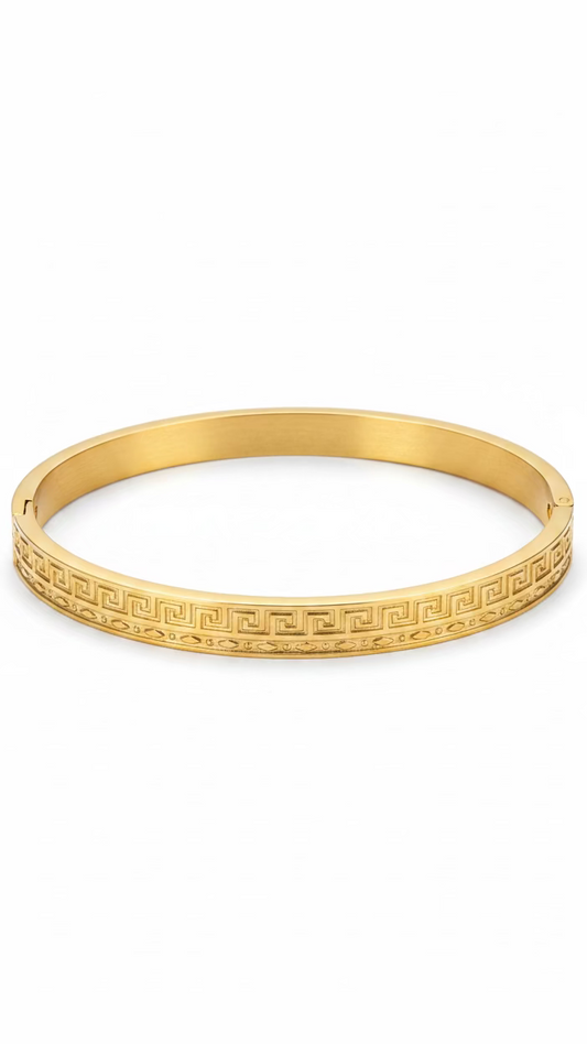 Anti-Tarnish Greek Key Bangle Bracelet | Minimalist Geometric Stainless Steel Jewelry