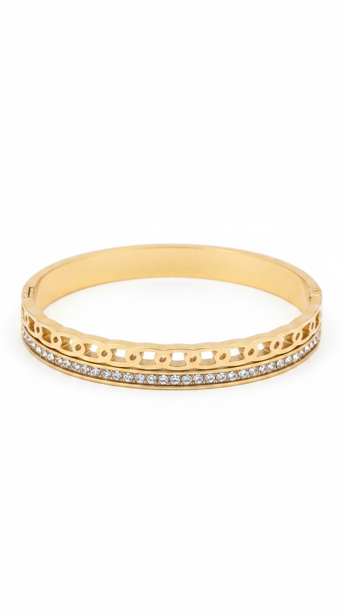 Gold-Plated Filigree Hinged Bangle | Stainless Steel Crystal Bracelet