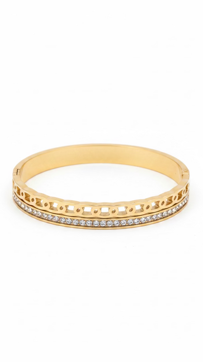 Gold-Plated Filigree Hinged Bangle | Stainless Steel Crystal Bracelet