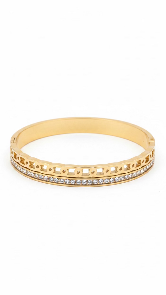 Gold-Plated Filigree Hinged Bangle | Stainless Steel Crystal Bracelet