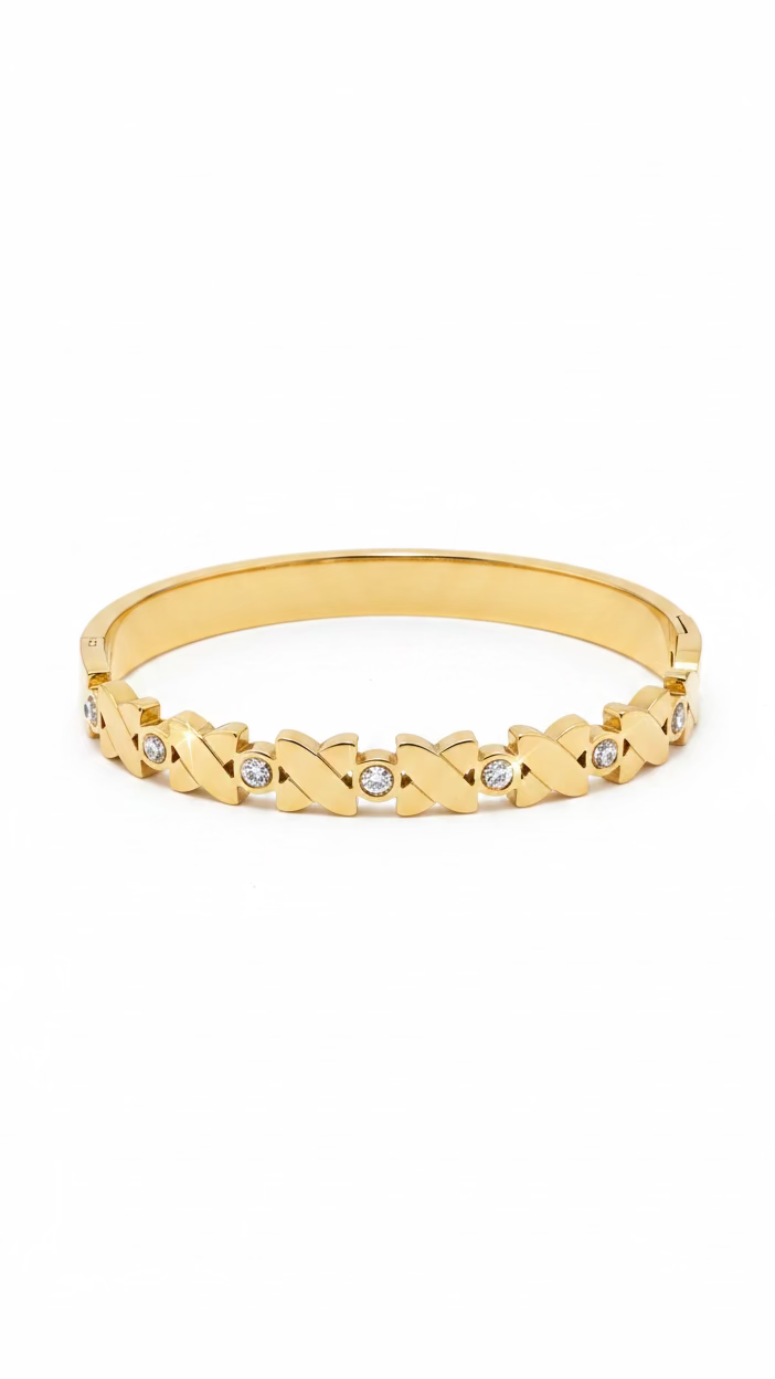 Gold-Plated Stainless Steel X-Link Crystal Bangle Bracelet
