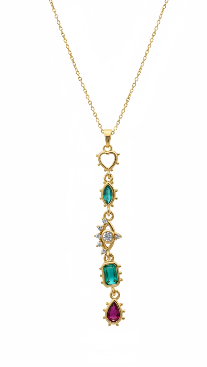 Gold-Tone Multi-Charm Statement Necklace | Colorful Gemstone Pendant Jewelry | Anti-Tarnish Stainless Steel