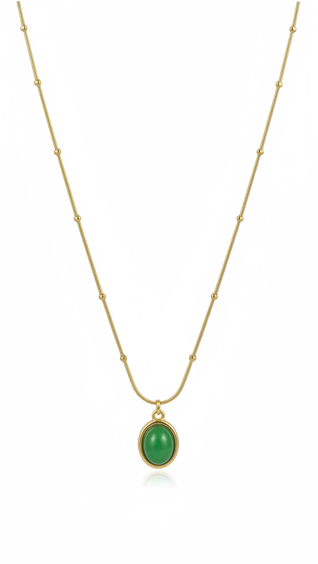 Gold Beaded Chain Necklace | Anti-Tarnish Oval Green Stone Jewelry