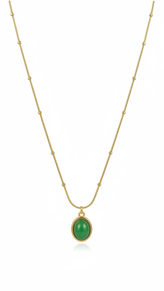 Gold Beaded Chain Necklace | Anti-Tarnish Oval Green Stone Jewelry