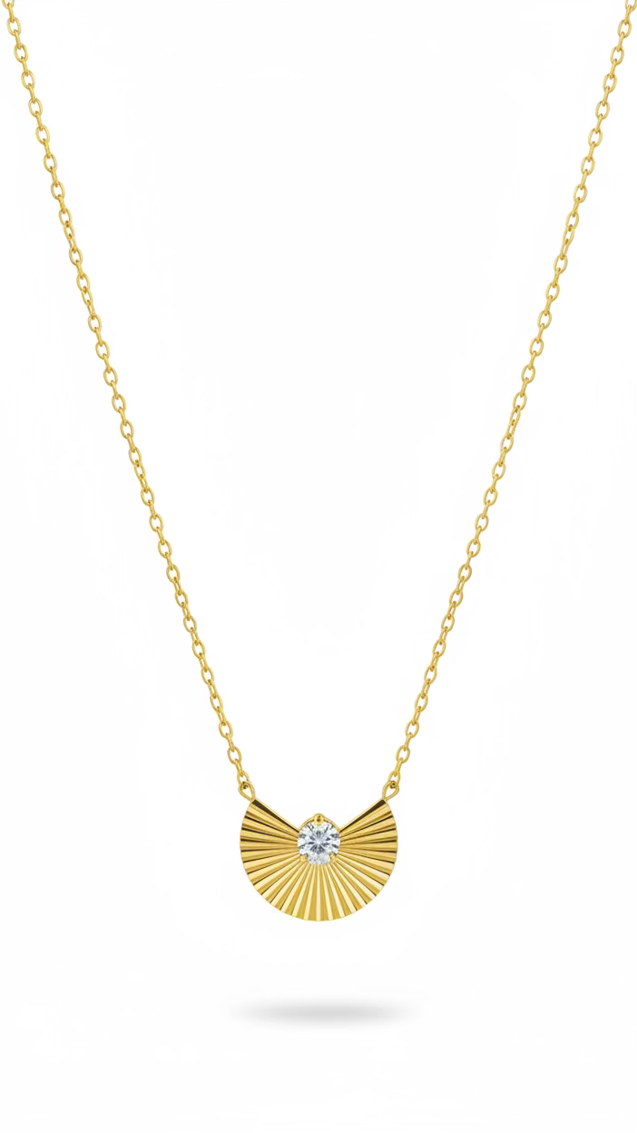 Gold Fan Pendant Necklace | Anti-Tarnish Crystal Minimalist Jewelry