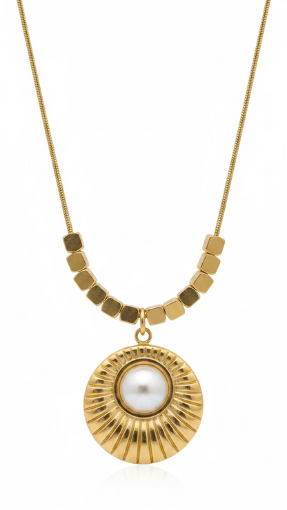 Gold Pearl Sunburst Pendant Necklace | Anti-Tarnish Stainless Steel