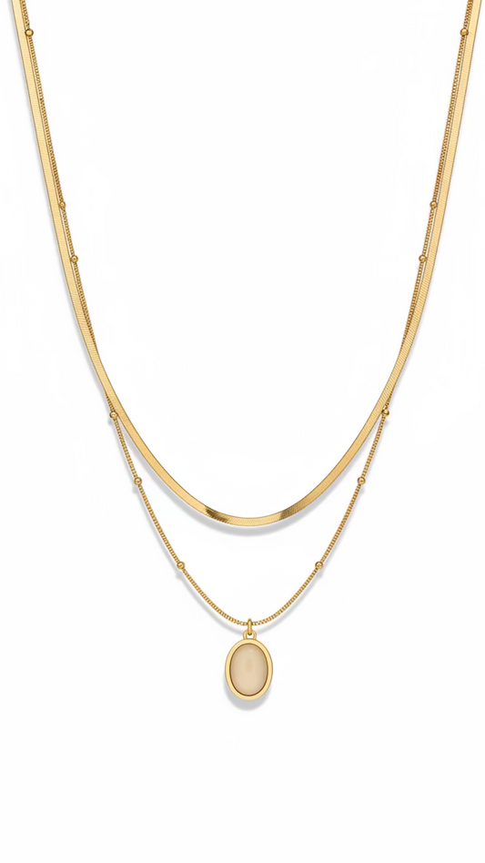Layered Pendant Necklace | Dainty Beaded & Herringbone Chain Jewelry | Anti-Tarnish Stainless Steel