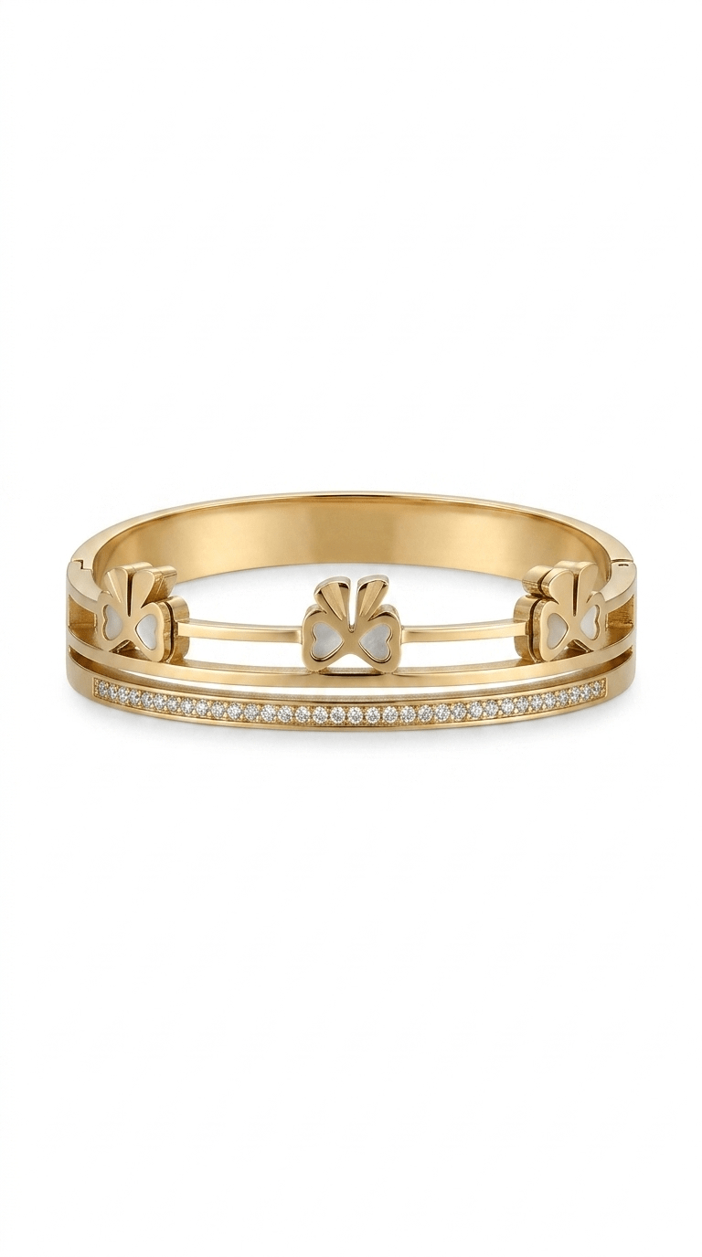 Anti- Tarnished Gold Clover Bangle Bracelet with Pavé Accents | Women's Luxury Jewelry - rykardia
