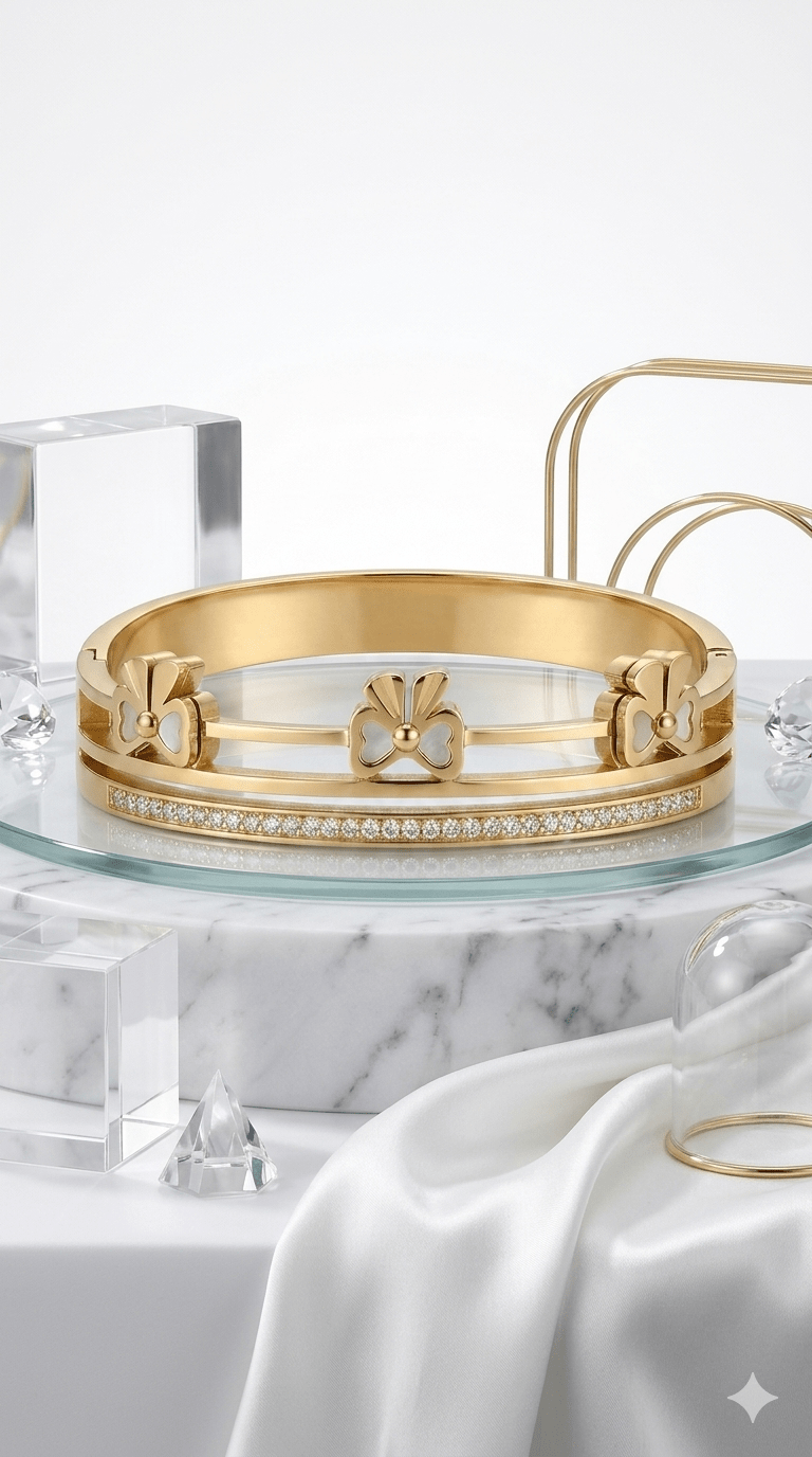 Anti- Tarnished Gold Clover Bangle Bracelet with Pavé Accents | Women's Luxury Jewelry - rykardia