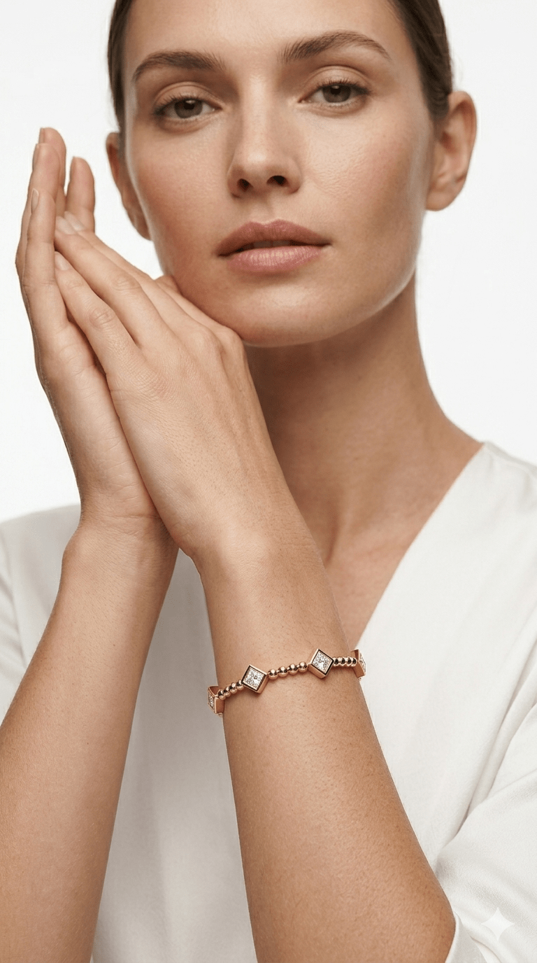 Anti - Tarnished Gold-Plated Princess-Cut Diamond Accent Geometric Beaded Bangle - rykardia