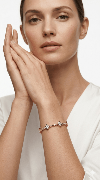 Anti - Tarnished Gold-Plated Princess-Cut Diamond Accent Geometric Beaded Bangle - rykardia
