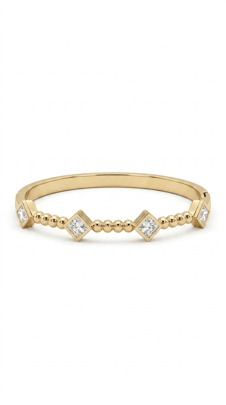 Anti - Tarnished Gold-Plated Princess-Cut Diamond Accent Geometric Beaded Bangle - rykardia