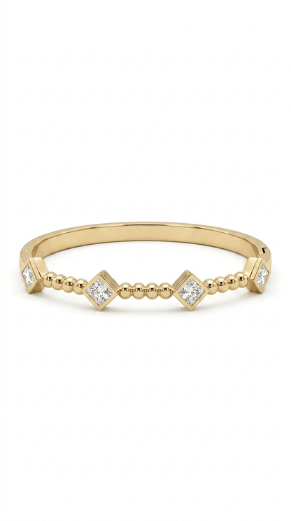 Anti - Tarnished Gold-Plated Princess-Cut Diamond Accent Geometric Beaded Bangle - rykardia