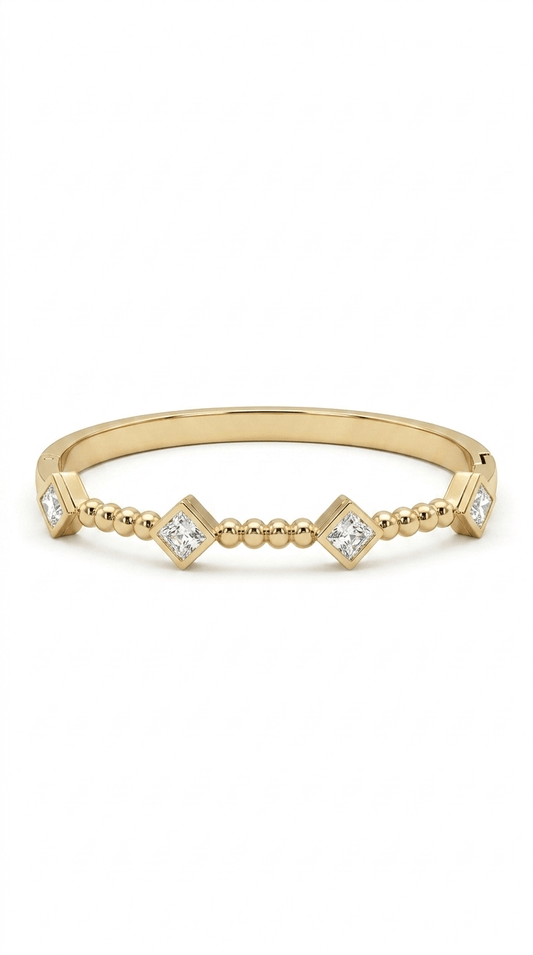 Anti - Tarnished Gold-Plated Princess-Cut Diamond Accent Geometric Beaded Bangle - rykardia