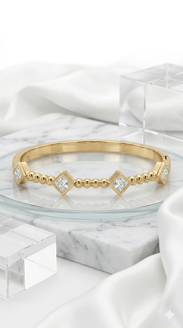 Anti - Tarnished Gold-Plated Princess-Cut Diamond Accent Geometric Beaded Bangle - rykardia