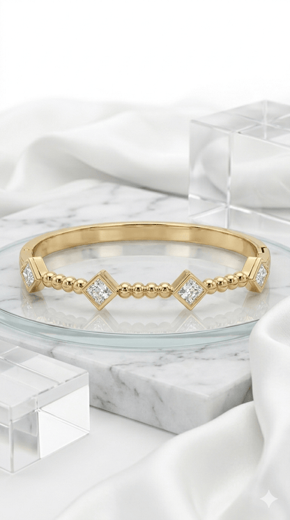 Anti - Tarnished Gold-Plated Princess-Cut Diamond Accent Geometric Beaded Bangle - rykardia