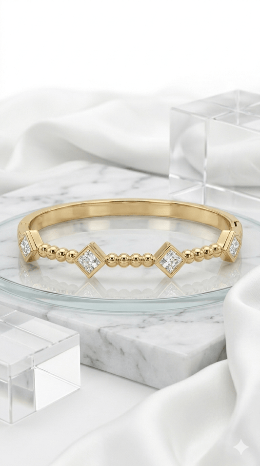 Anti - Tarnished Gold-Plated Princess-Cut Diamond Accent Geometric Beaded Bangle - rykardia