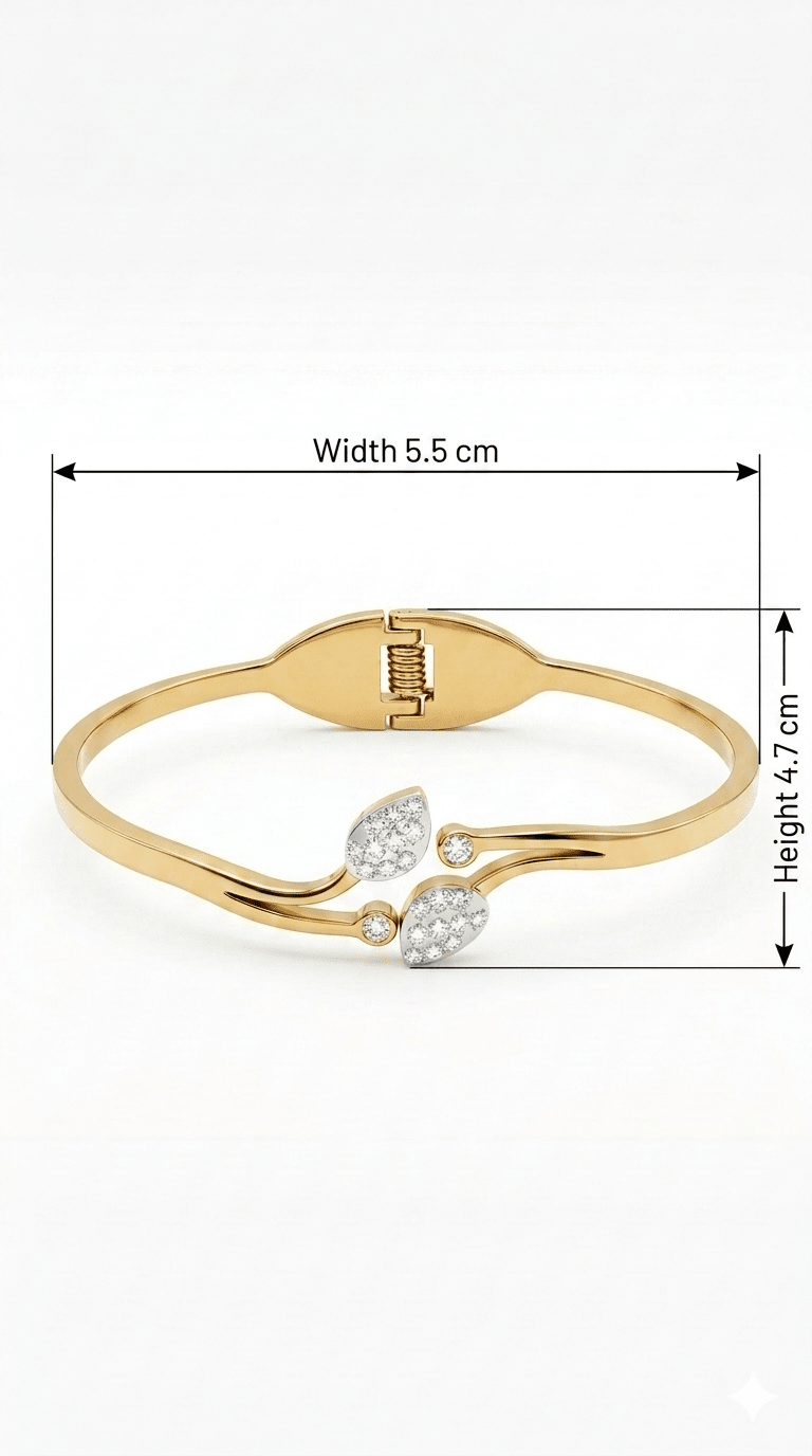Anti- Tarnished Gold Plated Stainless Steel Leaf Bypass Bangle | Elegant Crystal Cuff - rykardia