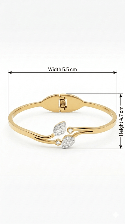 Anti- Tarnished Gold Plated Stainless Steel Leaf Bypass Bangle | Elegant Crystal Cuff - rykardia