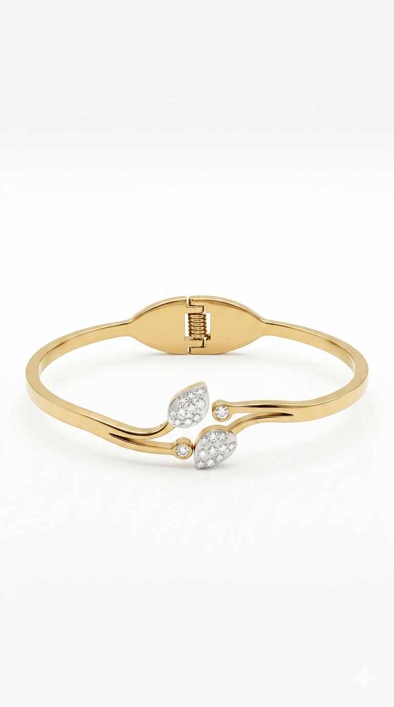 Anti- Tarnished Gold Plated Stainless Steel Leaf Bypass Bangle | Elegant Crystal Cuff - rykardia