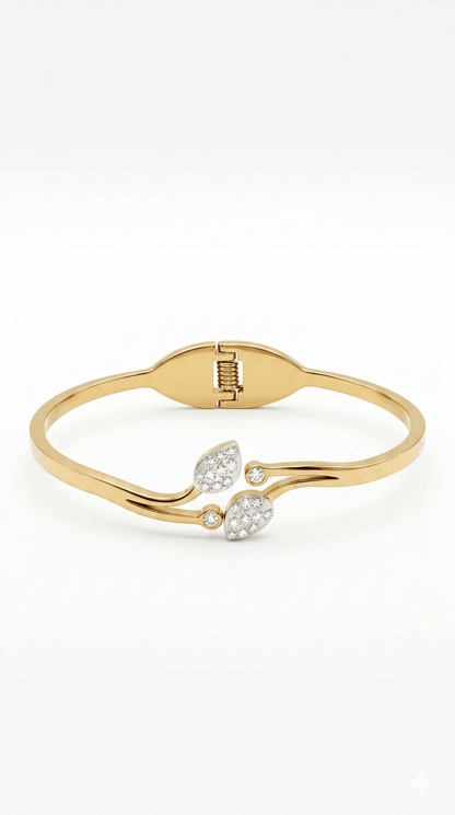 Anti- Tarnished Gold Plated Stainless Steel Leaf Bypass Bangle | Elegant Crystal Cuff - rykardia