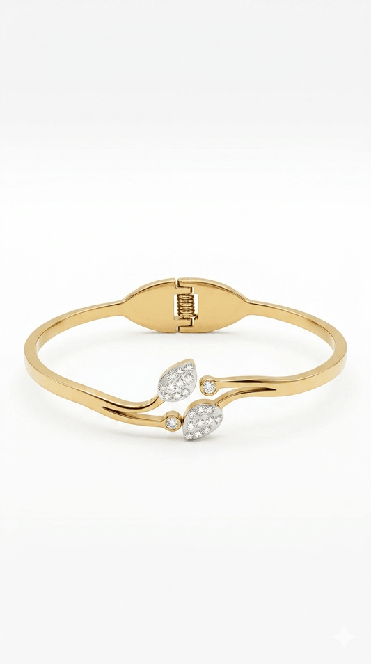 Anti- Tarnished Gold Plated Stainless Steel Leaf Bypass Bangle | Elegant Crystal Cuff - rykardia