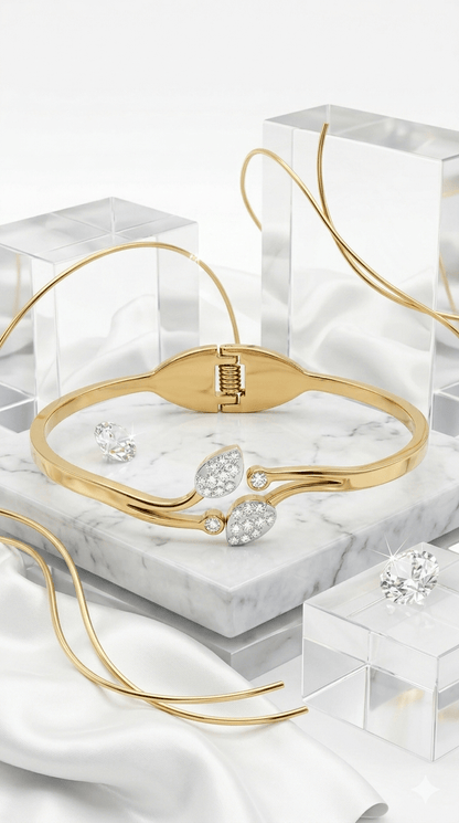 Anti- Tarnished Gold Plated Stainless Steel Leaf Bypass Bangle | Elegant Crystal Cuff - rykardia