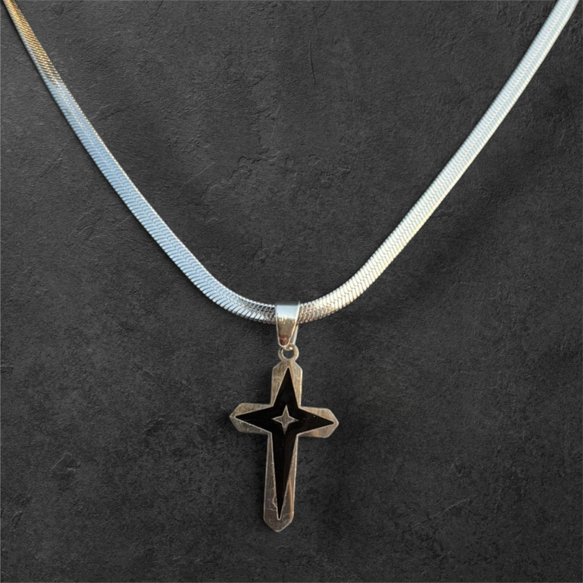 Elegant Herringbone Chain Necklace with Starburst Cross Pendant - rykardia