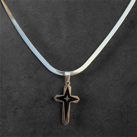 Elegant Herringbone Chain Necklace with Starburst Cross Pendant - rykardia