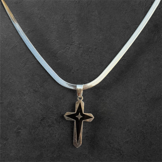 Elegant Herringbone Chain Necklace with Starburst Cross Pendant - rykardia