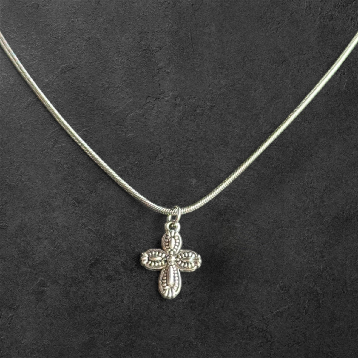 Elegant Ornate Cross Pendant on Smooth Snake Chain Necklace - rykardia