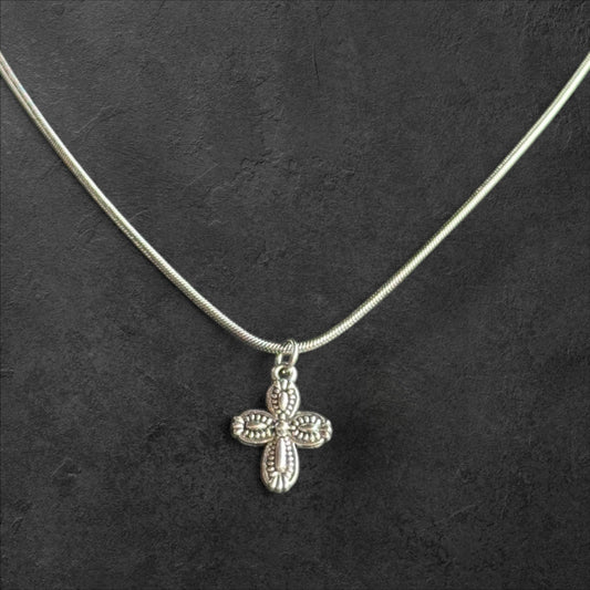 Elegant Ornate Cross Pendant on Smooth Snake Chain Necklace - rykardia