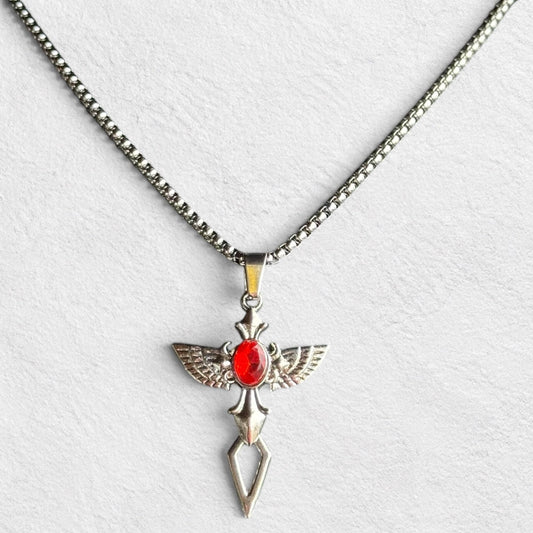 Elegant Winged Cross Pendant Necklace with Central Gemstone 1038 - rykardia